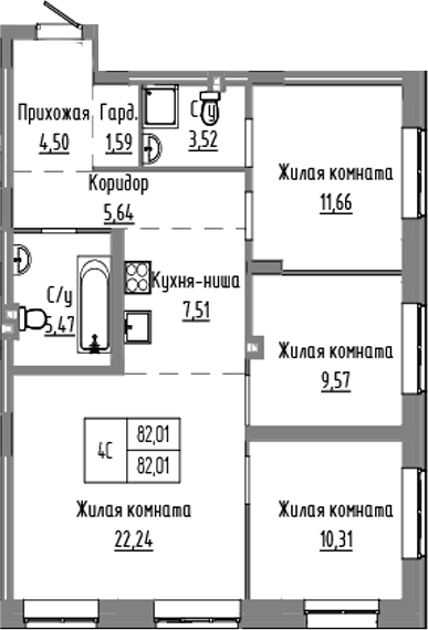 Планировка 4е-к.кв 82.01 м² в ЖК «Базилик»