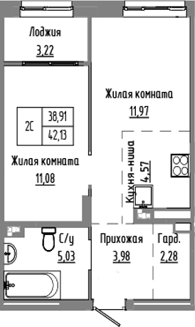 Планировка 2е-к.кв 38.91 м² в ЖК «Базилик»
