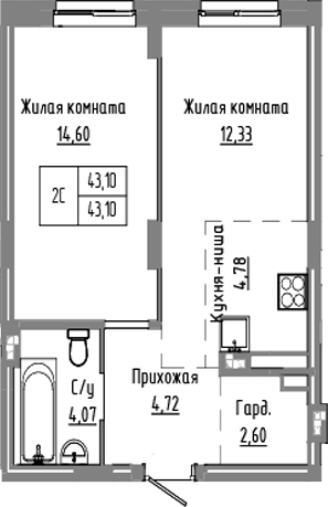 Планировка 2е-к. квартира 43.10 м² в ЖК «Базилик»