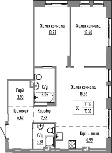 Планировка 3е-к.кв 73.35 м² в ЖК «Базилик»