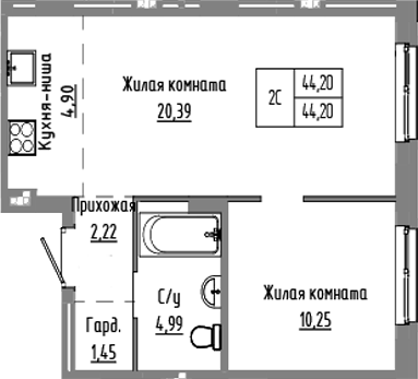 Планировка 2е-к. квартира 44.20 м² в ЖК «Базилик»