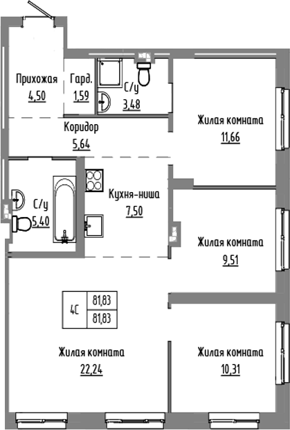 Планировка 4е-к.кв 81.83 м² в ЖК «Базилик»