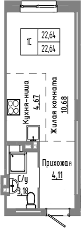 Планировка студии 22.64 м² в ЖК «Базилик»