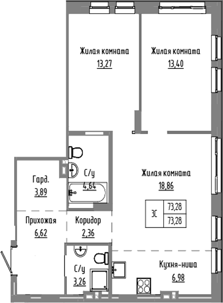Планировка 3е-к.кв 73.28 м² в ЖК «Базилик»