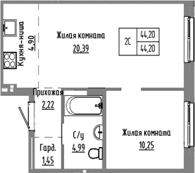 Планировка 2е-к.кв 44.20 м² в ЖК «Базилик»