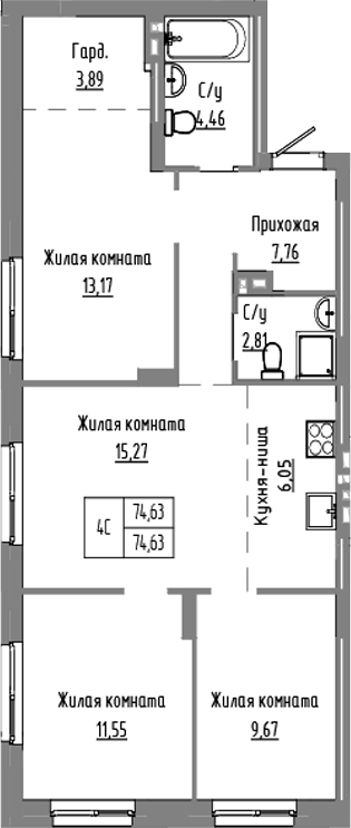 Планировка 4е-к.кв 74.63 м² в ЖК «Базилик»