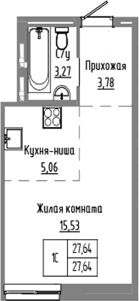 Планировка студии 27.64 м² в ЖК «Базилик»