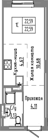 Планировка студии 22.59 м² в ЖК «Базилик»