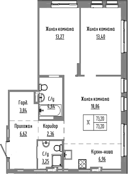 Планировка 3е-к. квартира 73.20 м² в ЖК «Базилик»