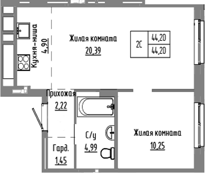 Планировка 2е-к. квартира 44.20 м² в ЖК «Базилик»
