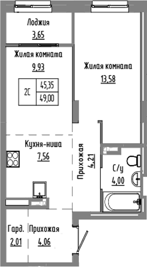 Планировка 2е-к.кв 45.35 м² в ЖК «Базилик»