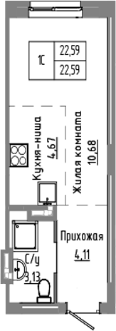 Планировка студии 22.59 м² в ЖК «Базилик»