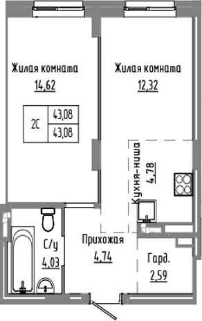 Планировка 2е-к.кв 43.08 м² в ЖК «Базилик»