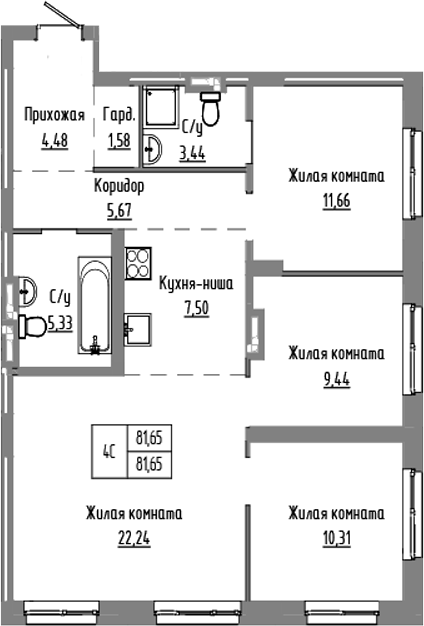 Планировка 4е-к.кв 81.65 м² в ЖК «Базилик»