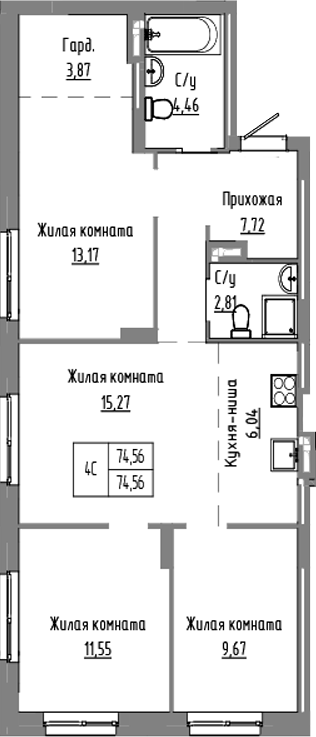 Планировка 4е-к.кв 74.56 м² в ЖК «Базилик»