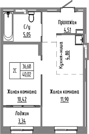 Планировка 2е-к.кв 36.68 м² в ЖК «Базилик»