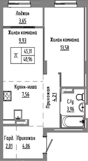 Планировка 2е-к.кв 45.31 м² в ЖК «Базилик»