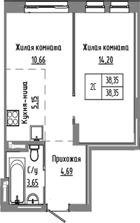 Планировка 2е-к.кв 38.35 м² в ЖК «Базилик»