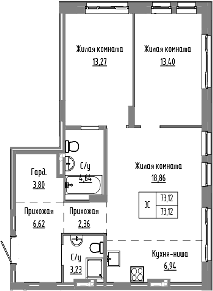 Планировка 3е-к.кв 73.12 м² в ЖК «Базилик»