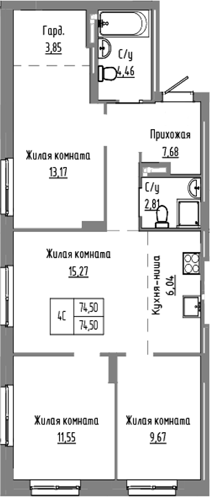 Планировка 4е-к.кв 74.50 м² в ЖК «Базилик»
