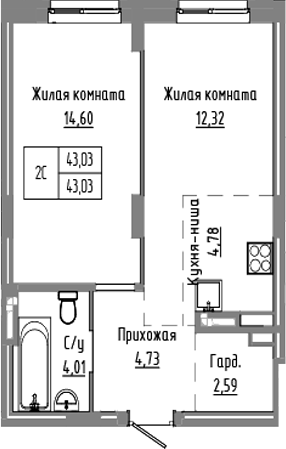 Планировка 2е-к. квартира 43.03 м² в ЖК «Базилик»