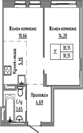 Планировка 2е-к.кв 38.35 м² в ЖК «Базилик»