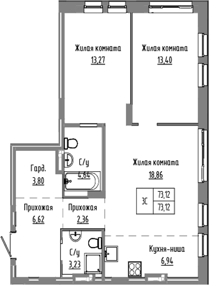 Планировка 3е-к.кв 73.12 м² в ЖК «Базилик»