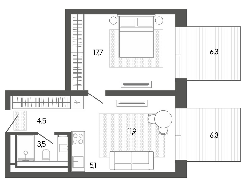 Планировка студии 42.65 м² в ЖК «Карлуу. Карлушка»
