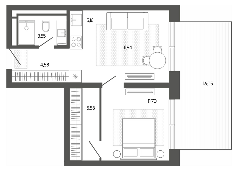Планировка студии 42.56 м² в ЖК «Карлуу. Карлушка»