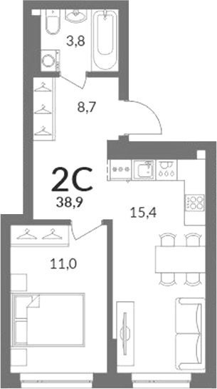 Планировка 2е-к.кв 39.10 м² в ЖК «Горская лагуна»