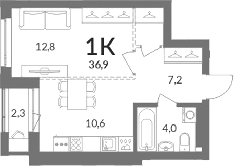 Планировка 1-к.кв 35.75 м² в ЖК «Горская лагуна»