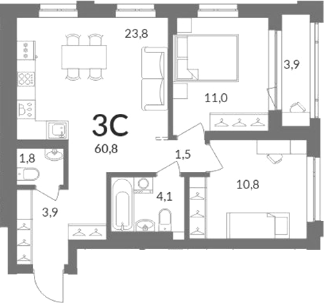Планировка 3е-к.кв 56.90 м² в ЖК «Горская лагуна»