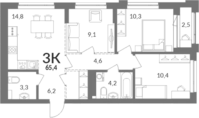 Планировка 3-к.кв 64.15 м² в ЖК «Горская лагуна»