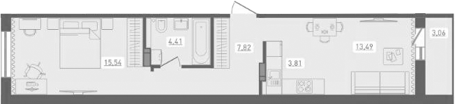 Планировка 2е-к.кв 45.07 м² в ЖК «Радуга Сибири»