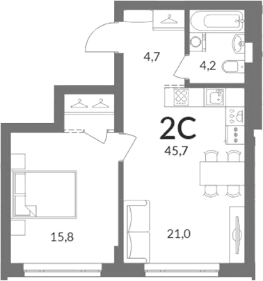 Планировка 2е-к.кв 45.70 м² в ЖК «Горская лагуна»