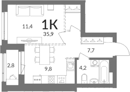 Планировка 1-к.кв 33.10 м² в ЖК «Горская лагуна»