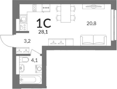 Планировка студии 28.10 м² в ЖК «Горская лагуна»
