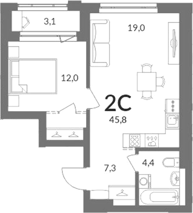 Планировка 2е-к.кв 42.70 м² в ЖК «Горская лагуна»