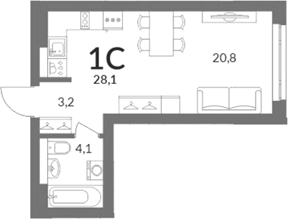 Планировка студии 28.10 м² в ЖК «Горская лагуна»
