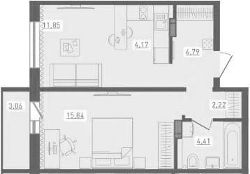 Планировка 2е-к.кв 43.28 м² в ЖК «Радуга Сибири»
