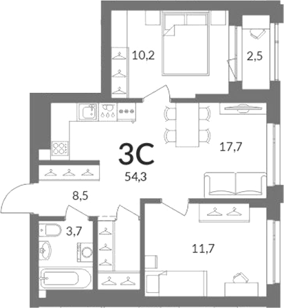 Планировка 3е-к.кв 51.80 м² в ЖК «Горская лагуна»
