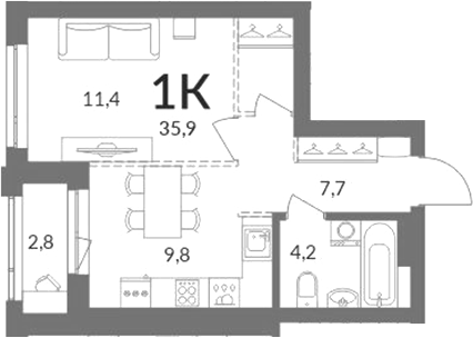 Планировка 1-к.кв 33.10 м² в ЖК «Горская лагуна»