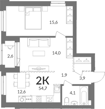 Планировка 2-к.кв 52.10 м² в ЖК «Горская лагуна»