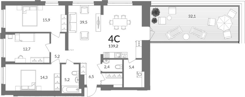 Планировка 4е-к.кв 107.10 м² в ЖК «Горская лагуна»