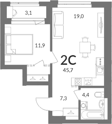 Планировка 2е-к.кв 42.60 м² в ЖК «Горская лагуна»