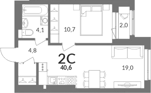 Планировка 2е-к.кв 39.60 м² в ЖК «Горская лагуна»