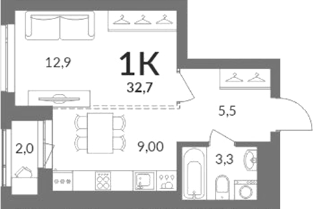 Планировка 1-к.кв 31.70 м² в ЖК «Горская лагуна»