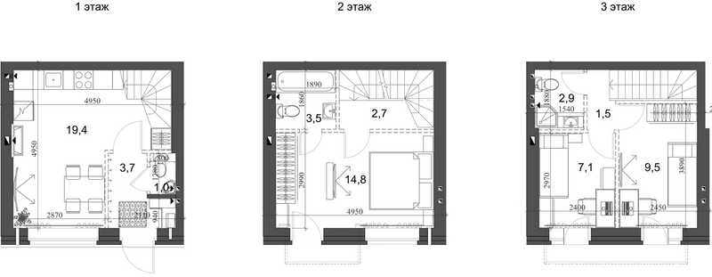 Планировка таунхаус 68.64 м² в ЖК «Коттеджный поселок Березки Новолуговое»