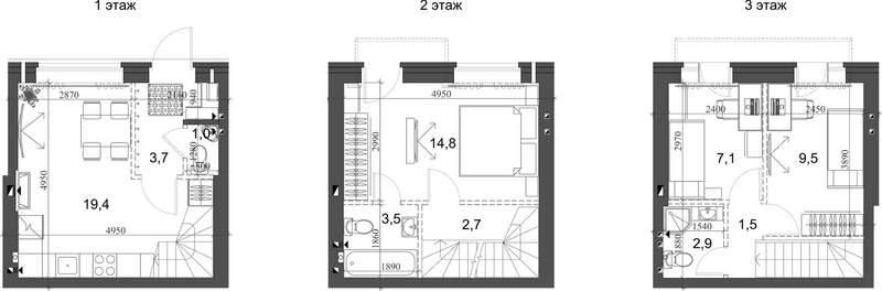 Планировка таунхаус 68.64 м² в ЖК «Коттеджный поселок Березки Новолуговое»