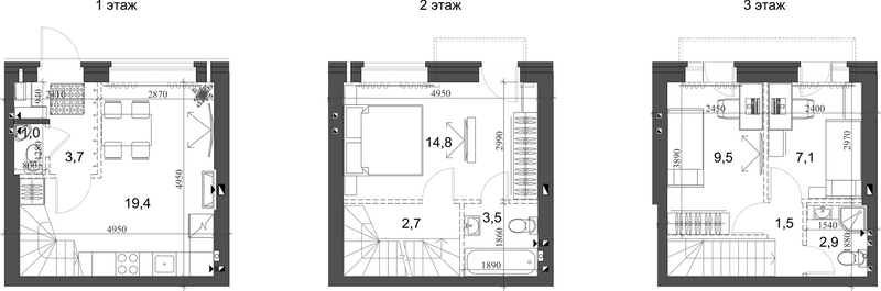 Планировка таунхаус 68.64 м² в ЖК «Коттеджный поселок Березки Новолуговое»
